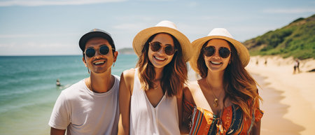 Summertime beach fun with friends, young ladies in a group companionship, enjoyment, relaxation in the sea, and a man's lifestyle vacationの素材