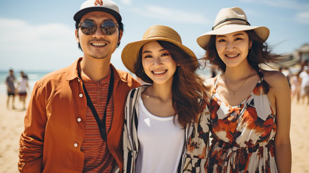 Summertime beach fun with friends, young ladies in a group companionship, enjoyment, relaxation in the sea, and a man's lifestyle vacationの素材