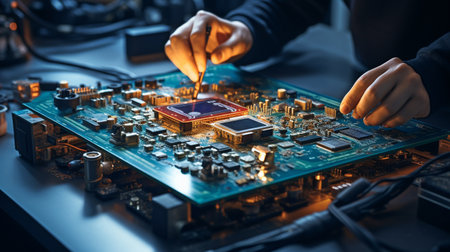 A technician uses a soldering iron to fix the interior of a mobile phone. Circuit Integrated. the idea of hardware, data, and technology.の素材
