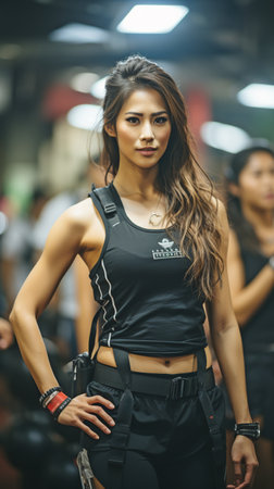 robust female training Learn kickboxing for muscle and health with an athlete trainer in a fitness centre.の素材