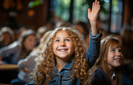 Engaged students raising their arms to respond to a teacher's questionの素材