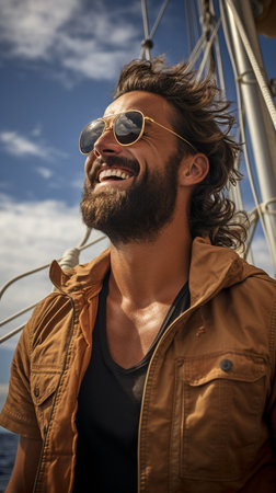 A low-angle image of a young man with facial hair standing on the yacht's noseの素材
