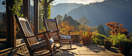 Rocking chair in the warm sunlight on the wooden cottage's terraceの素材