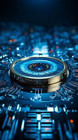 Circles and signs, as well as backdrop depth of field, are used to depict digital information in security access technologies and eye seeing.の素材