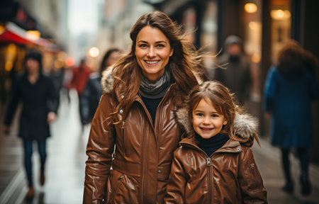 Mother and daughter strolling across a crowded city streetの素材