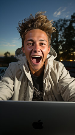 Teenage teenager using laptop on house sofa with arms lifted in celebration of achievementの素材