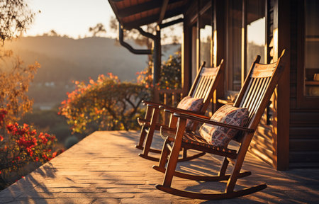 Rocking chair in the warm sunlight on the wooden cottage's terraceの素材