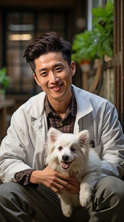 Before going inside, the doctor took a moment to play with the dog outside the house after getting home from work.の素材