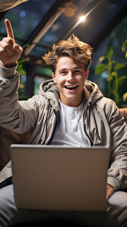 Teenage teenager using laptop on house sofa with arms lifted in celebration of achievementの素材