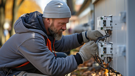 A technician is mounting a security camera on a wall.の素材