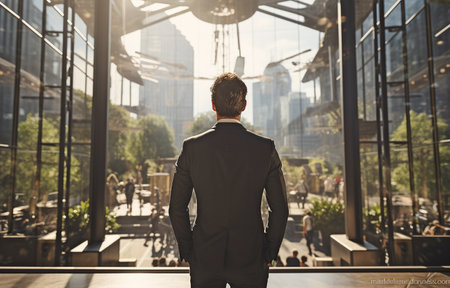 a picture showing a businessman facing a skyscraper from behindの素材