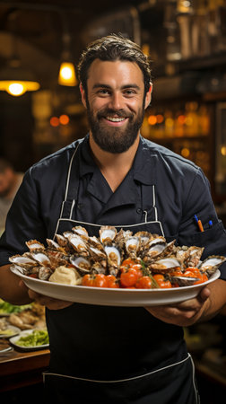 Chef serving out a gorgeous plate of fresh seafoodの素材