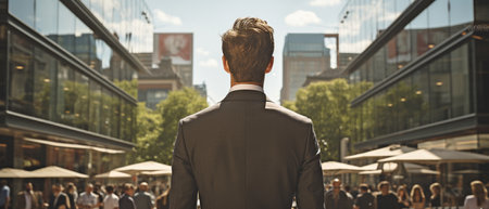a picture showing a businessman facing a skyscraper from behindの素材