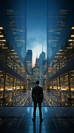 a picture showing a businessman facing a skyscraper from behindの素材