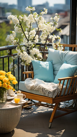 Gorgeous balcony or terrace with colourful decorations, chairs for outside use, and green planted flowersの素材
