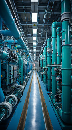 Equipment, pipes, and wires seen inside a contemporary industrial power plantの素材