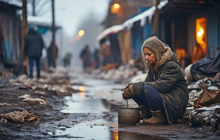 Beggar without a home seated on the pavement. An elderly man who is homeless, unwell, freezing, and hungry in the winter.の素材