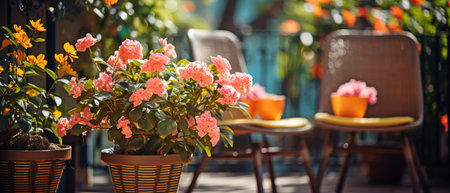 Gorgeous balcony or terrace with colourful decorations, chairs for outside use, and green planted flowersの素材