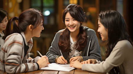 Female college students are met by teachers and advisors from University College to receive research study advice.の素材