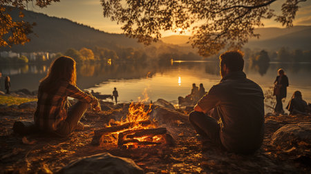 Visitors unwinding by the campfireの素材