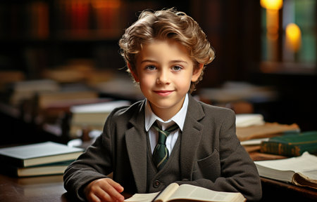 In the library, the boy. notion of learning. education, instruction, and courses to acquire new abilities.の素材