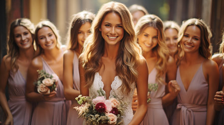 Up close, gorgeous bridesmaids wearing exquisite silk gowns and holding floral bouquets are seen posing with the bride in a natural setting on the wedding day.の素材