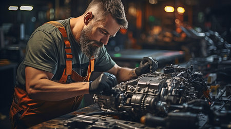 In a mechanics garage, auto mechanics work on and repair automobile engines. Auto repairの素材