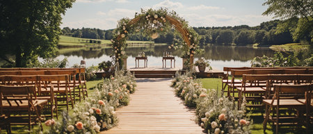Front view of a countryside outdoor wedding ceremony surrounded by green fields, with white chairs, fresh floral arrangements, and a spacious area for the newlywedsの素材