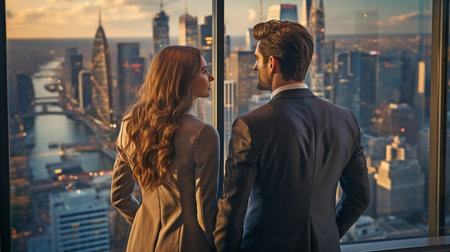 Businessman in a Suit with Confidence Working on a laptop at a desk in a contemporary office, close to a window that offers a view of the entire city. A Proficient Finance Manager Contemplating Work Projectsの素材