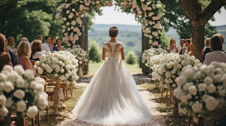 Front view of a countryside outdoor wedding ceremony surrounded by green fields, with white chairs, fresh floral arrangements, and a spacious area for the newlywedsの素材