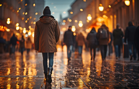 A group of unidentified, bokeh-clad individuals strolling down a street in the twilight. blurry pictureの素材