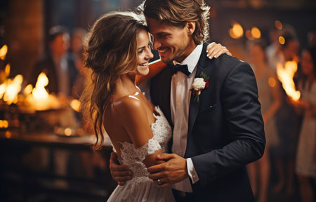 Dancing in the restaurant, the attractive bride-woman in her exquisite wedding dress is held in the hands of her handsome groom dressed in a black suit.の素材