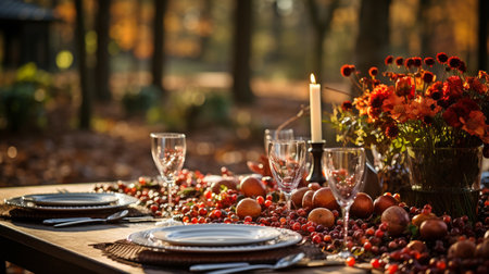 Thanksgiving centre piece put outside with a wooded backdropの素材