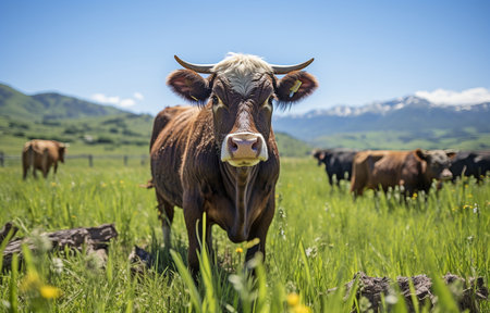 Black angus cattle amid the grasslands.の素材
