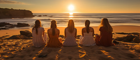 young ladies seated in a group on the beach, viewed from behindの素材
