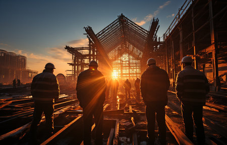 silhouette of a construction crew and engineers working beside an industrial buildingの素材