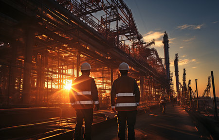 silhouette of a construction crew and engineers working beside an industrial buildingの素材