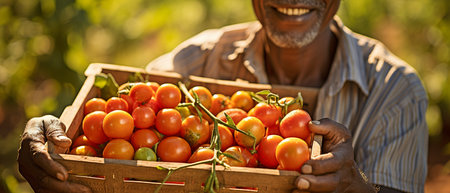 Box of delicious cherry tomatoes is carried by an African American farmer.の素材