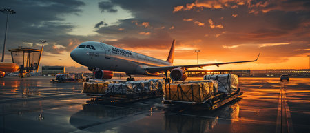 At dusk, an aircraft is loading goods and baggage at the airport. Travel and transportation concept in the airportの素材