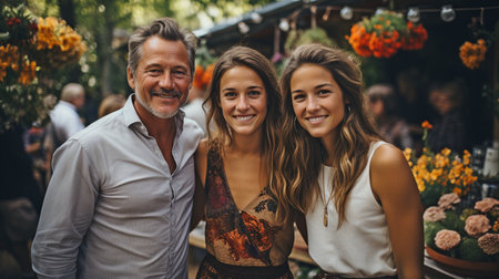 A family photo during a summer garden party outside. Standing and posing for a group photo are family and friends. family with multiple generations.の素材