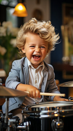 Adorable little child having joy while playing genuine drumsの素材