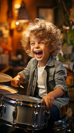 Adorable little child having joy while playing genuine drumsの素材