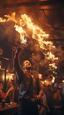 Circus Flame Show with Fire Breather. Huge Flame Plumeの素材