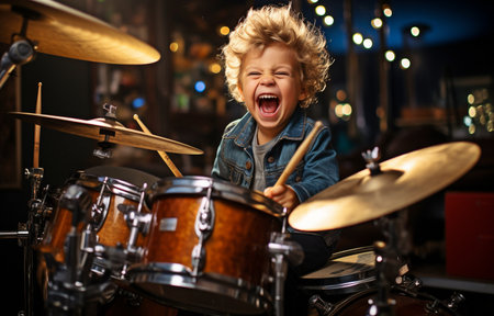 Adorable little child having joy while playing genuine drumsの素材