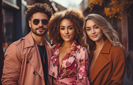 Three buddies of different races are shown in this stylishly dressed portrait sitting in a city.の素材