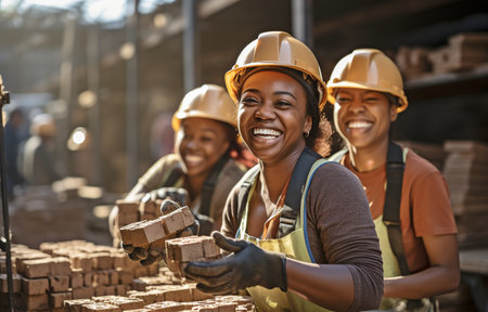 In an outdoor construction material storage area, women wearing hardhats are collectively hauling flat, hollow clay bricks.の素材