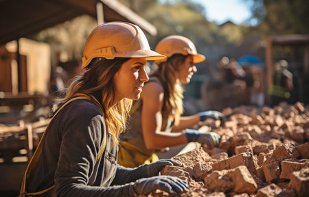 In an outdoor construction material storage area, women wearing hardhats are collectively hauling flat, hollow clay bricks.の素材