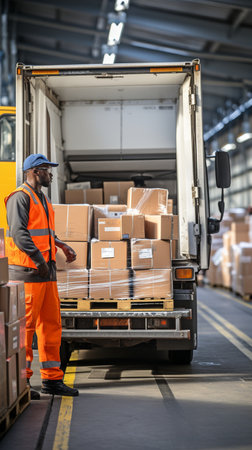 Shipping boxes are being unloaded into a cargo container truck by a warehouse worker. At the dock warehouse, a cargo trailer truck is parked and loaded. Transportation Providerの素材