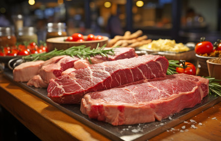 Meats at the butcher's counter, including steakの素材