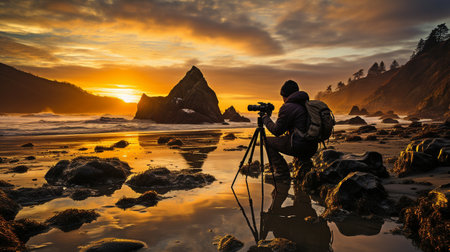 Photographer in silhouette with tripod and fiery sunset in backgroundの素材